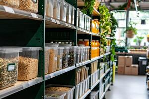 AI generated Zero waste shop interior details. Wooden shelves with different food. photo