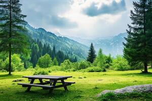 AI generated Picnic table in a bright clearing in the mountains. photo