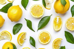 AI generated Yellow lemons with green leaves on white background. Tropical organic fruit with vitamin C. photo