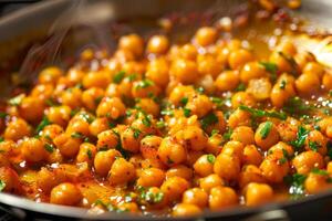 AI generated Cooking chickpeas with spices in a pan, close-up. photo