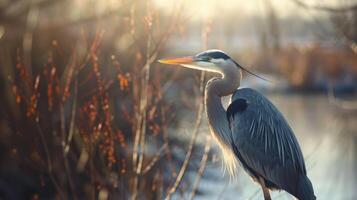 AI generated Selective focus shot of a beautiful great blue heron. photo