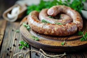 AI generated Sausage with spices on a old wooden table. photo