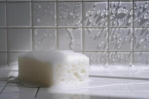 AI generated Wet white sponge in bathroom. photo