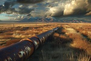 AI generated Oil pipeline running through a field towards a mountain in the distance. photo