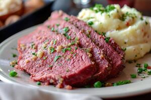 AI generated Corned beef is served with mashed potatoes. photo