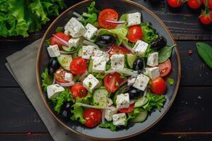 AI generated Fresh homemade vegetable salad with feta cheese and olives on a dark wooden background. photo