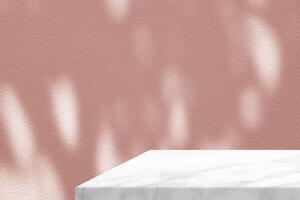 Minimal white marble table corner with tree shadow and pink light beam on concrete wall background photo