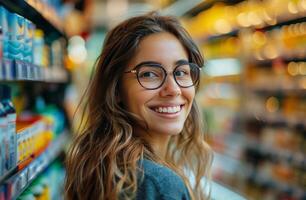 AI generated Woman Wearing Glasses in Front of Store Shelf photo