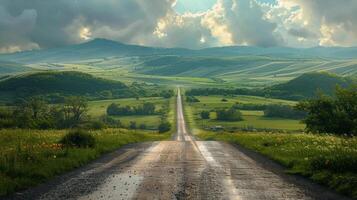 AI generated Dirt Road Crossing Lush Green Field photo