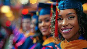 ai generado mujer en graduación gorra y vestido foto