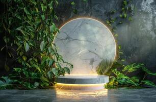 AI generated White Marble Sculpture Surrounded by Greenery photo