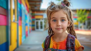 ai generado pequeño niña en pie en frente de vistoso pared foto