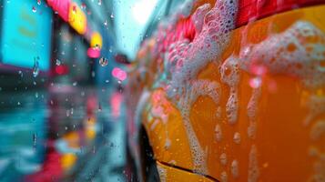 AI generated Red Car Driving Down Wet Street photo