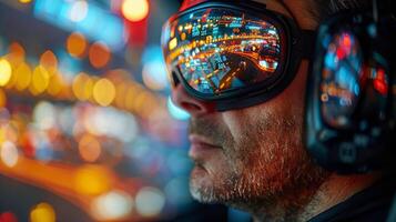 AI generated Man Wearing Goggles With Red Light on Face photo