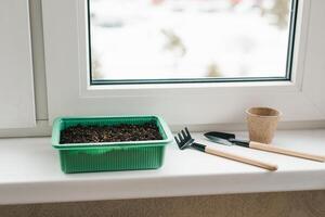 Container with peat and planted seeds with a garden tool at home on the windowsill photo