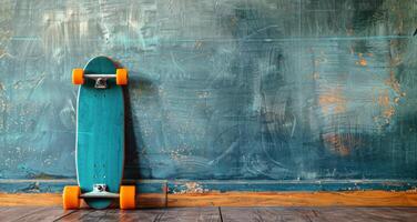 AI generated Skateboard Leaning Against Blue Wall photo