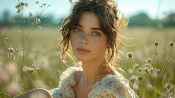 AI generated Woman Sitting in Tall Grass Field photo