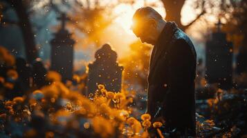 ai generado persona en pie en cementerio a puesta de sol foto