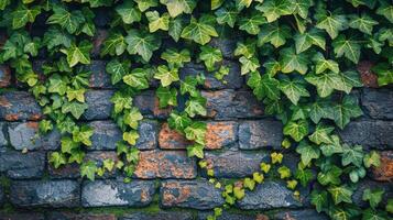 ai generado ladrillo pared cubierto en verde hojas foto