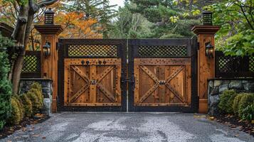 AI generated Large Wooden Gate in Front of Lush Green Forest photo