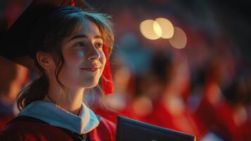 ai generado mujer en graduación vestido participación libro foto