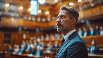 ai generado hombre en traje direccionamiento audiencia foto