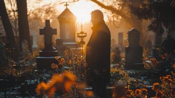 AI generated Person Standing in Graveyard at Sunset photo