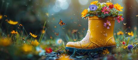 AI generated Yellow Rubber Boots Filled With Flowers photo