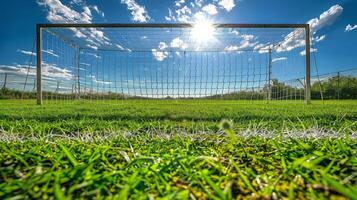 ai generado fútbol objetivo en campo foto