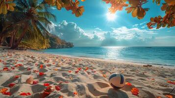 AI generated Beach Scene With Ball and Flowers photo