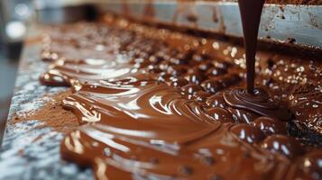 AI generated Close Up of Melted Chocolate on Conveyor Belt photo