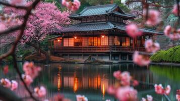AI generated Building With Pink Flowers photo