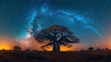 ai generado árbol silueta en contra estrellado cielo foto