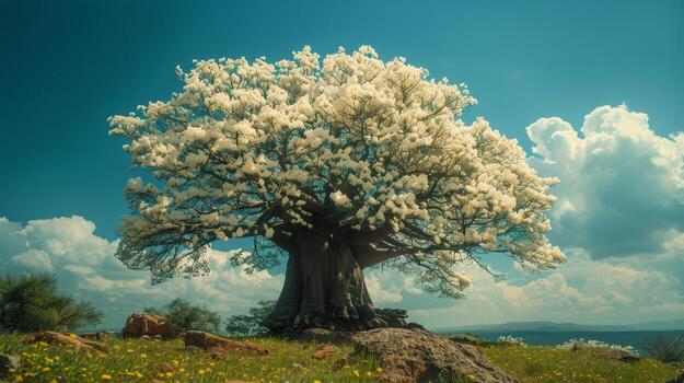 AI generated Large White Tree in Lush Green Field photo