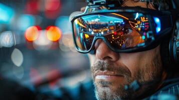 AI generated Man Wearing Goggles With Red Light on Face photo