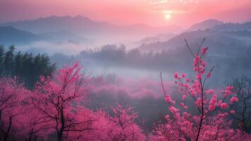 AI generated Majestic Pink Landscape With Mountains photo