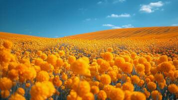 ai generado campo de amarillo flores debajo azul cielo foto