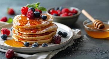 AI generated Stack of Pancakes With Berries and Syrup photo