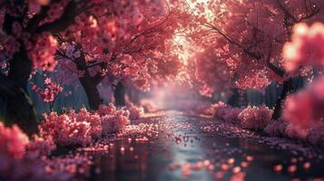 AI generated A Painting of a Tree Lined Road at Sunset photo