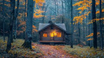 AI generated Cabin Illuminated in Forest Night photo