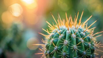 AI generated Selective focus shot of a cactus with big spikes. photo