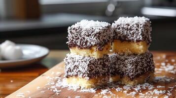 AI generated Lamingtons, sponge cake with chocolate and coconut. photo