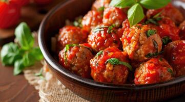 AI generated Delicious homemade chicken or turkey meatballs with rice, vegetable and tomato sauce. photo