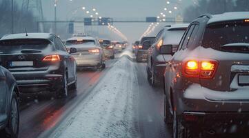 AI generated Modern cars are stuck in a traffic jam on a highway in winter. photo