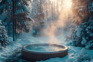 AI generated Hot tub in the middle of a beautiful winter forest. photo
