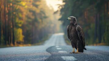 AI generated Eagle standing on the road near forest at early morning or evening time. Road hazards, wildlife and transport. photo