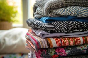 AI generated Pile of knitted sweaters as background, closeup view photo