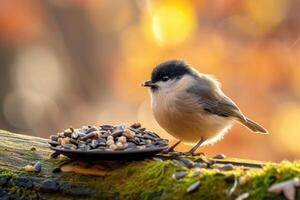 ai generado adorable pantano teta parus palustris comiendo semillas foto