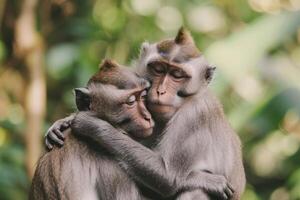 AI generated Monkeys spending time together in nature. photo