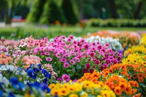 AI generated Multi-colored flower bed in the park. Outdoor summer gardening. photo